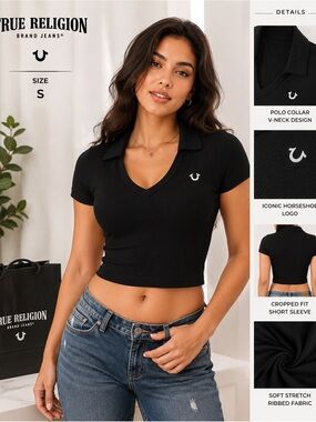 True Religion Black Ribbed V-Neck Polo Crop Top